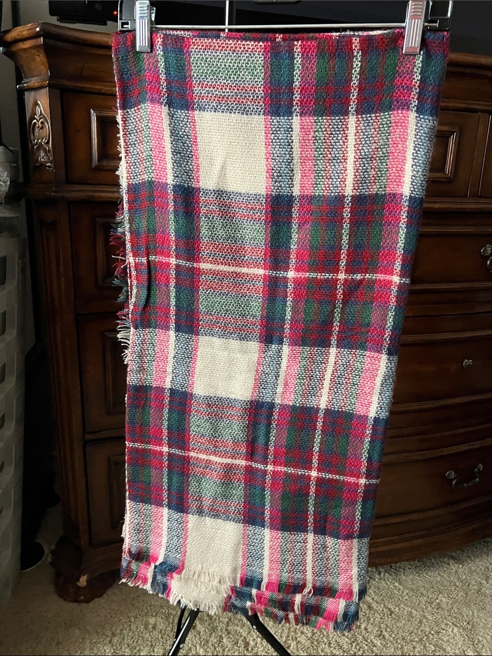 Plaid Fringe Scarf - Red, Green & Cream